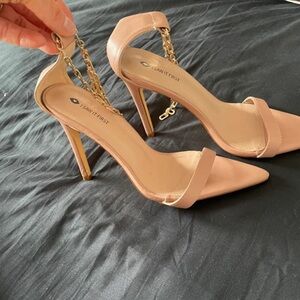 Nude Pointed-Toe Chain Ankle-Strap Stiletto Heels